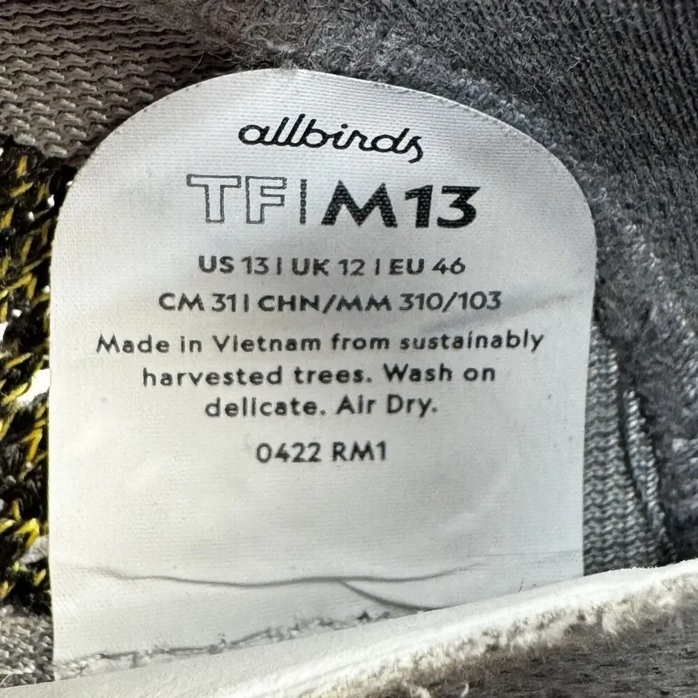 Allbirds Tree Flyer Silver Fern Shoes Mens Size 13 Black Yellow Blizzard